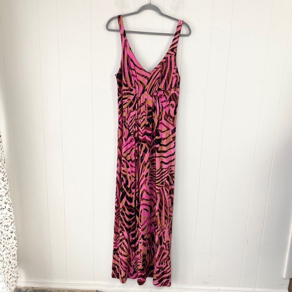 Cabi Sz L Pink Brown Zebra Animal Print Maxi Dress Sleeveless V-Neck Jersey Knit